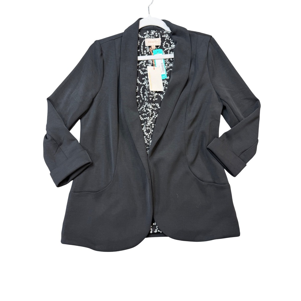 Skies Are Blue Soft Tunic Blazer Women M Black NWT Floral Lined Open Frnt Pocket